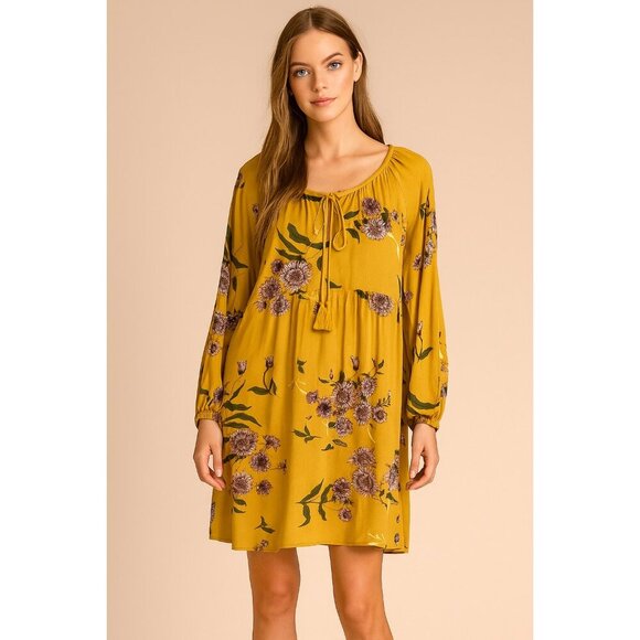 Chic Collection Mustard Floral Boho Dress Sz L - Picture 1 of 8